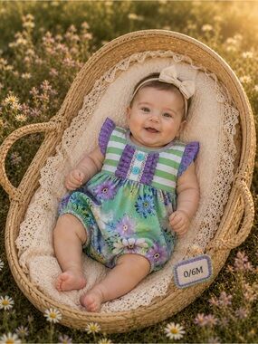 0/6M - HONEYDEW - Floral Baby Romper with Ruffle Sleeves